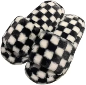 RErom Women's Fuzzy Checkered Indoor Plaid Slippers - Plush Comfy Faux Fur Shoes with Anti-Skid Sole