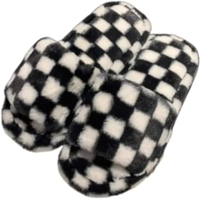 RErom Women's Fuzzy Checkered Indoor Plaid Slippers - Plush Comfy Faux Fur Shoes with Anti-Skid Sole
