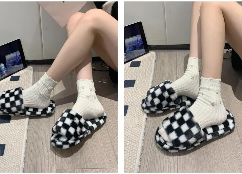 RErom Women's Fuzzy Checkered Indoor Plaid Slippers - Plush Comfy Faux Fur Shoes with Anti-Skid Sole