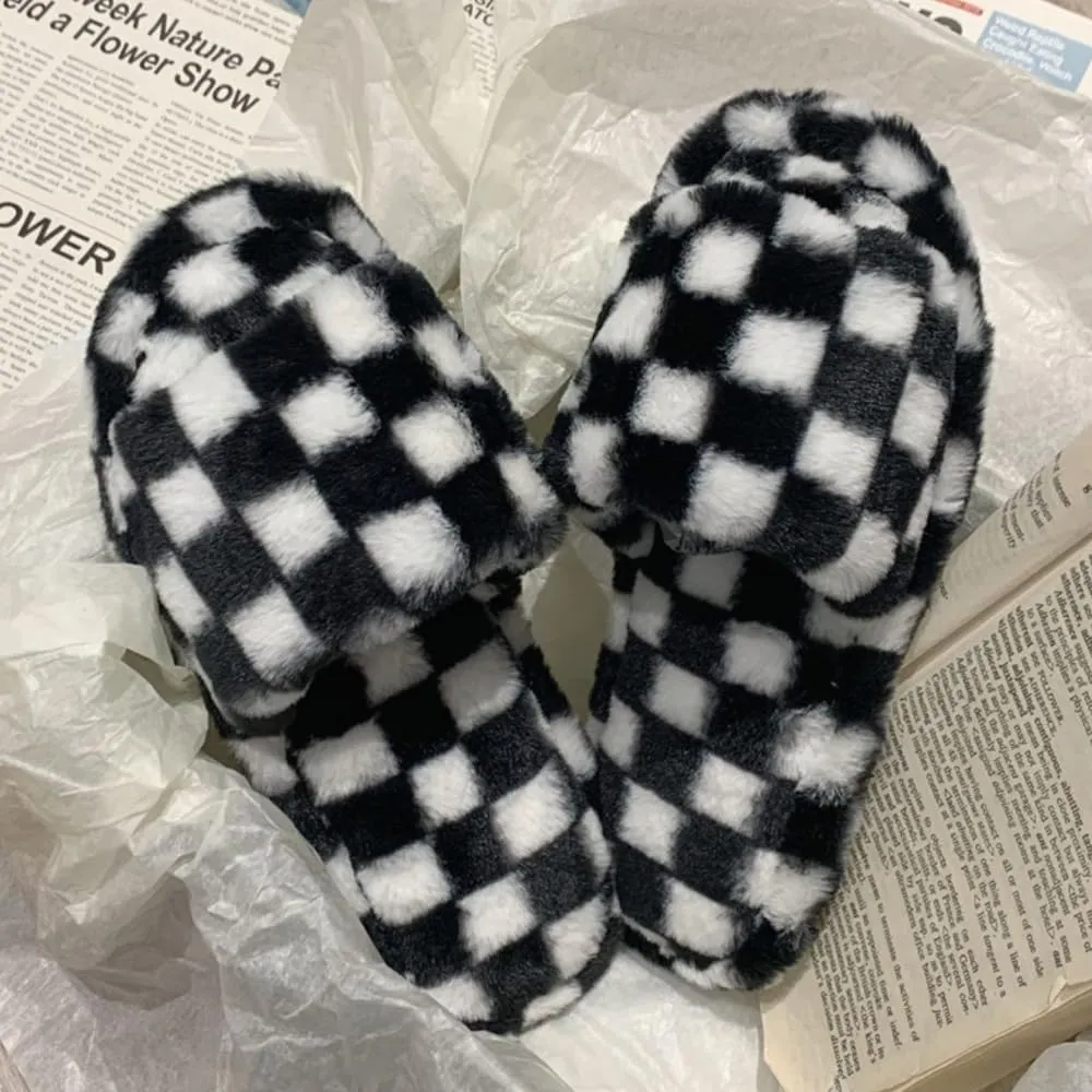 RErom Women's Fuzzy Checkered Indoor Plaid Slippers - Plush Comfy Faux Fur Shoes with Anti-Skid Sole