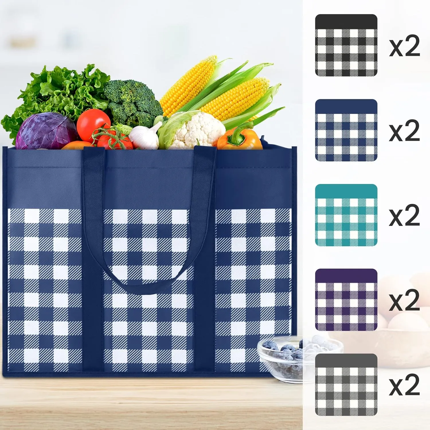 Reusable Grocery Bags 10-Pack, Large Foldable Reusable Shopping Tote Bags Bulk for Groceries, Waterproof Kitchen Cloth Produce Bags with Long Handles, Lightweight-Plaid Style A