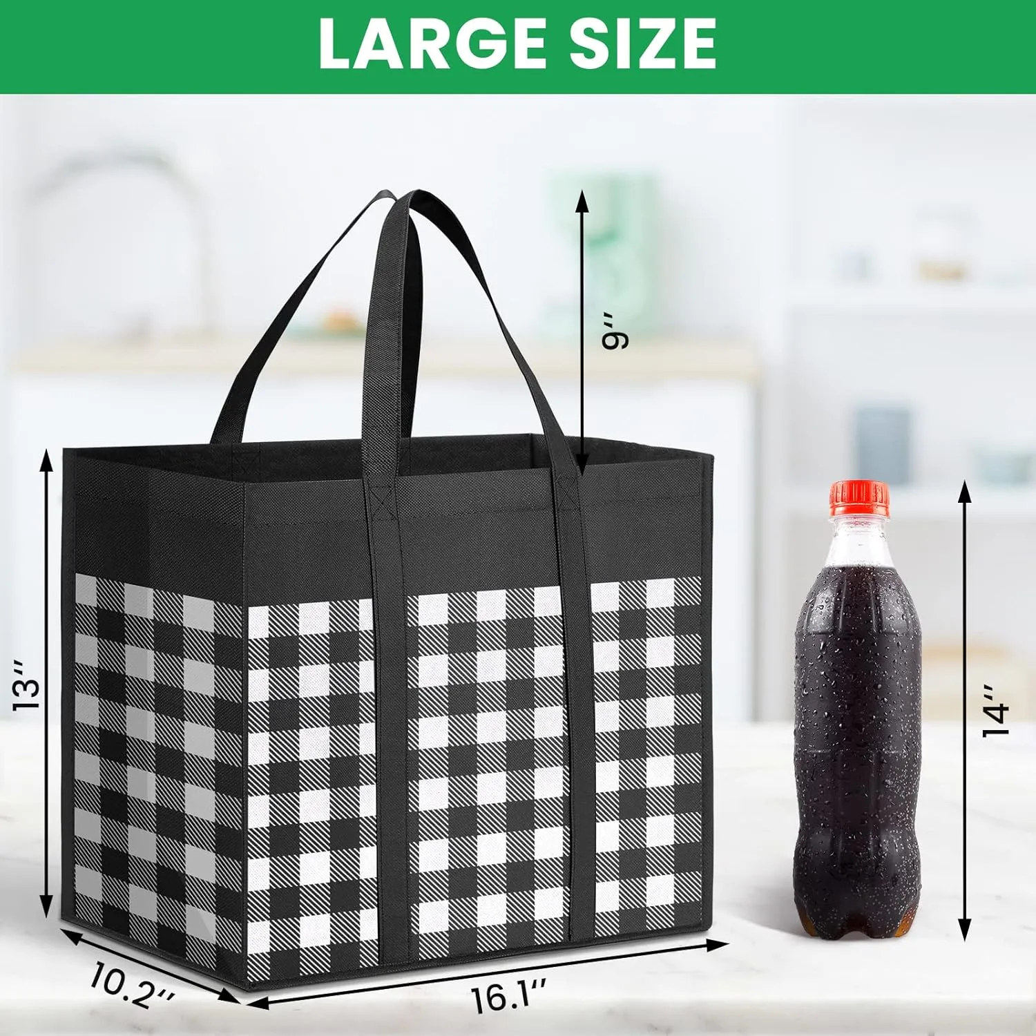 Reusable Grocery Bags 10-Pack, Large Foldable Reusable Shopping Tote Bags Bulk for Groceries, Waterproof Kitchen Cloth Produce Bags with Long Handles, Lightweight-Plaid Style A