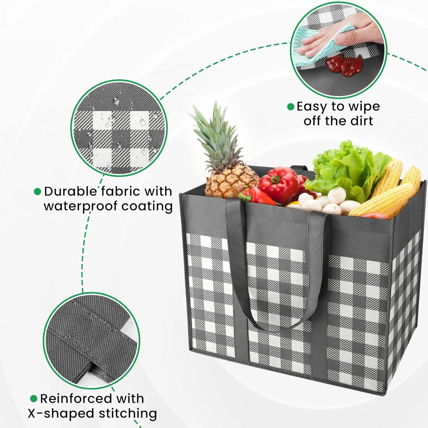 Reusable Grocery Bags 10-Pack, Large Foldable Reusable Shopping Tote Bags Bulk for Groceries, Waterproof Kitchen Cloth Produce Bags with Long Handles, Lightweight-Plaid Style A