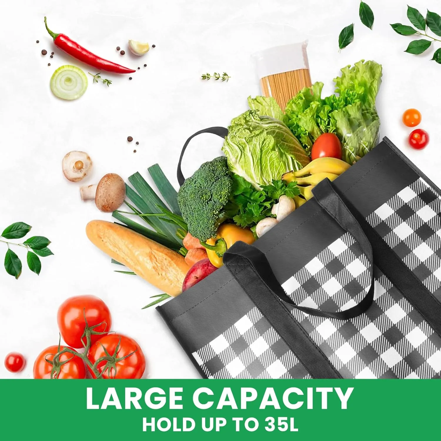 Reusable Grocery Bags 10-Pack, Large Foldable Reusable Shopping Tote Bags Bulk for Groceries, Waterproof Kitchen Cloth Produce Bags with Long Handles, Lightweight-Plaid Style A