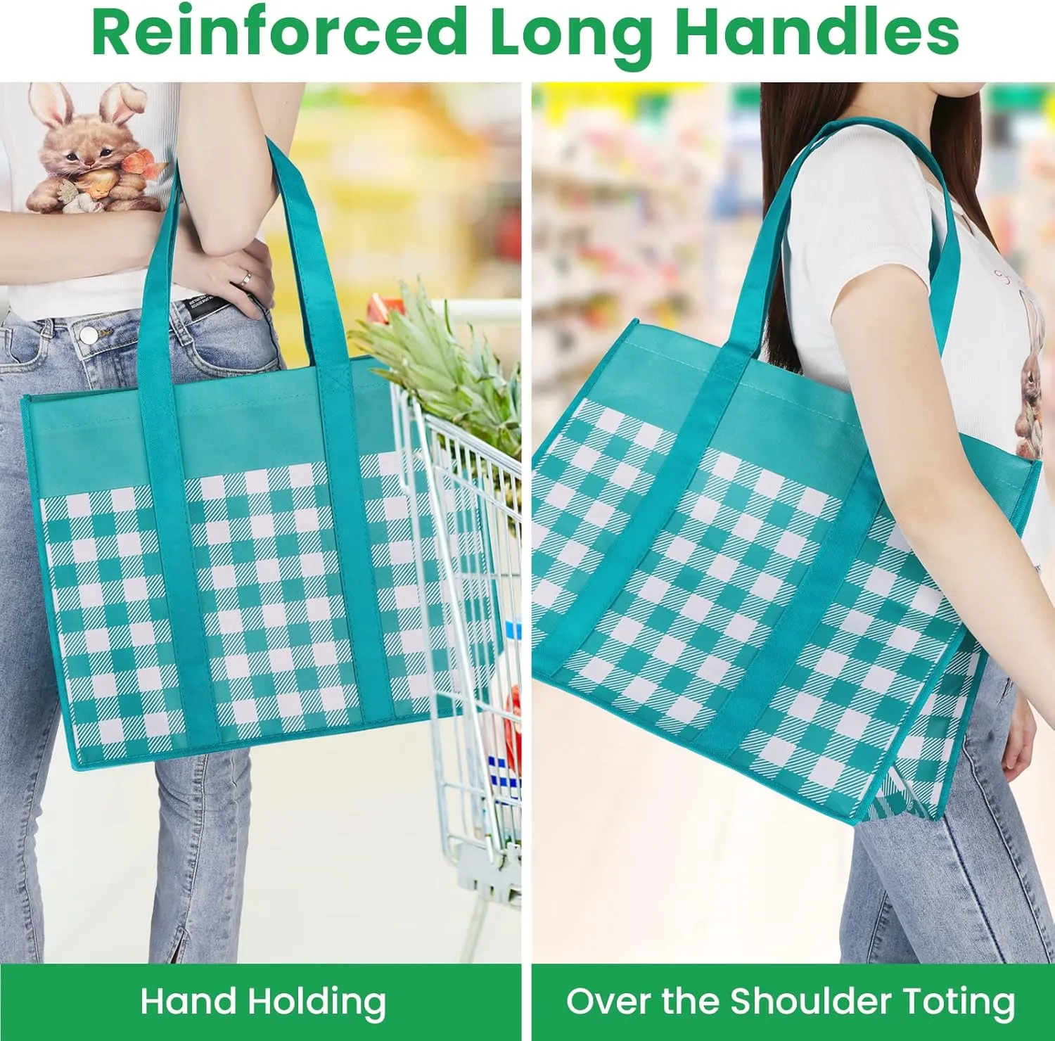Reusable Grocery Bags 10-Pack, Large Foldable Reusable Shopping Tote Bags Bulk for Groceries, Waterproof Kitchen Cloth Produce Bags with Long Handles, Lightweight-Plaid Style A