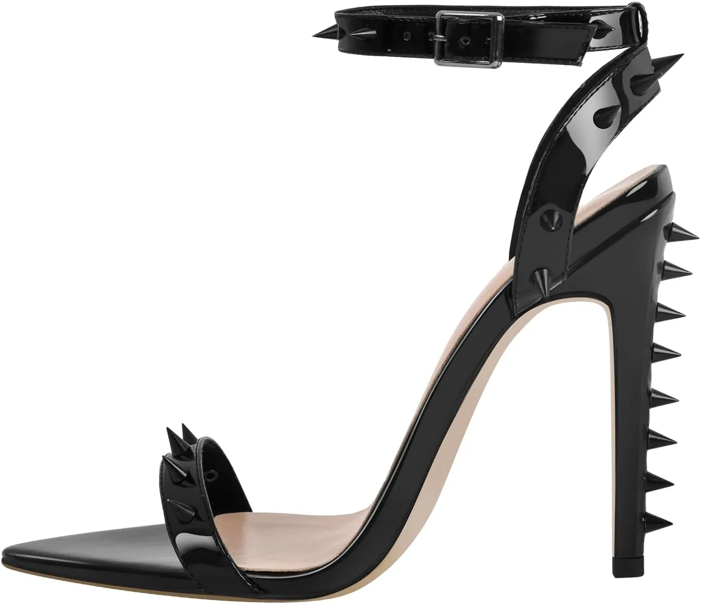 richealnini Women's Rivets Stiletto Heels Sandals with Adjustable Buckle Rivets Ankle Strap Pointed Toe Stiletto Heel Strappy Heels for Women