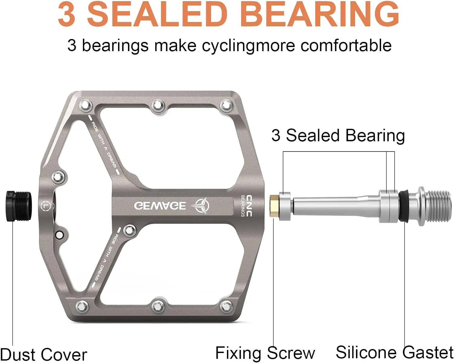 Road/Mountain Bike Pedals - 3 Bearings Bicycle Pedals - 9/16” CNC Machined Flat Pedals with Removable Anti-Skid Nails