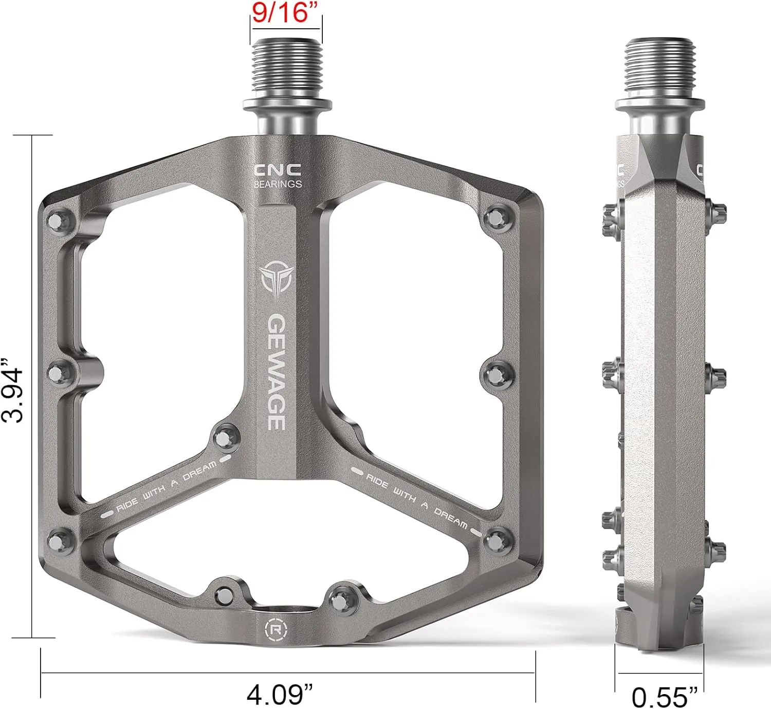 Road/Mountain Bike Pedals - 3 Bearings Bicycle Pedals - 9/16” CNC Machined Flat Pedals with Removable Anti-Skid Nails