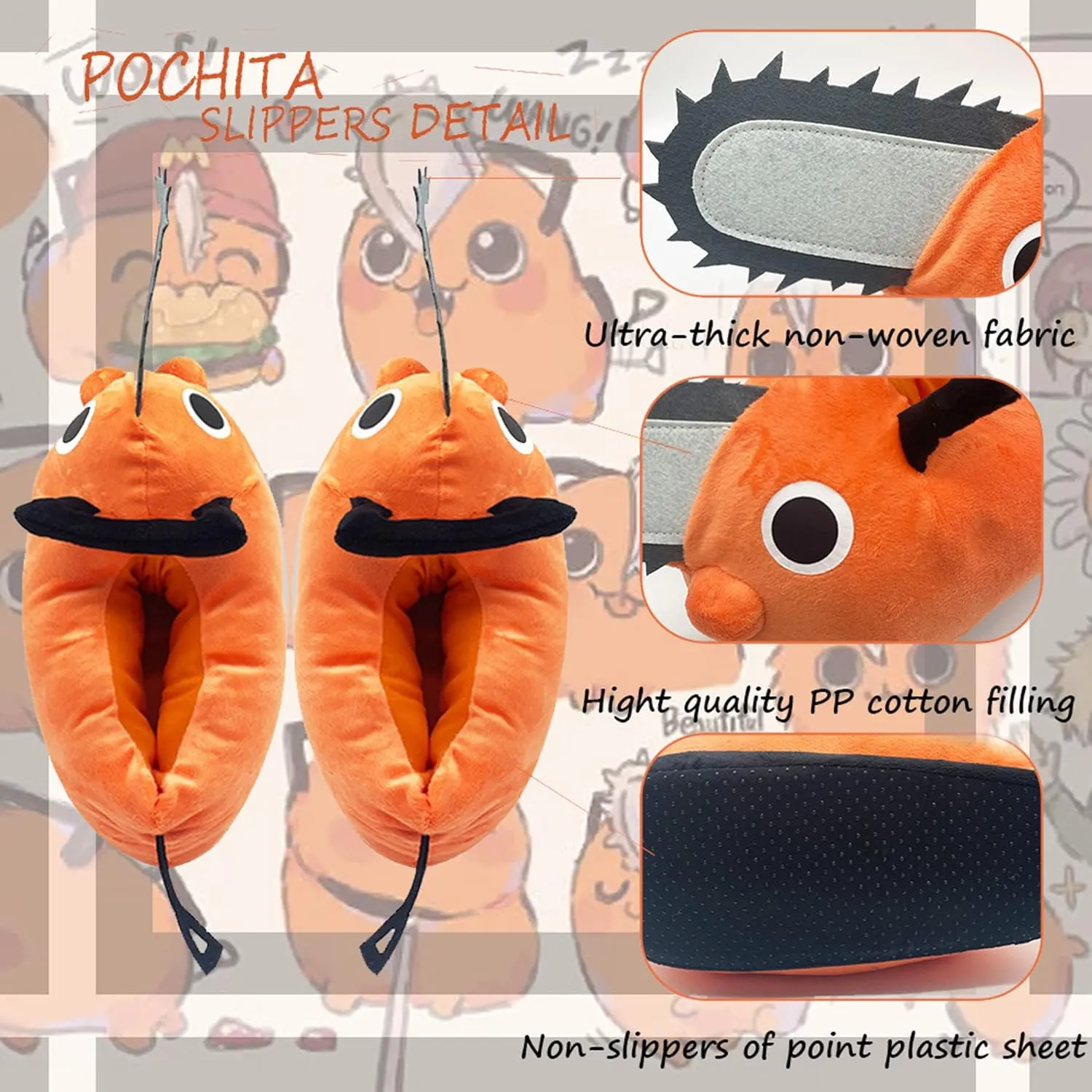 Roffatide Anime Fuzzy Slippers - Pochita House Slippers with Rubber Sole for Women & Men