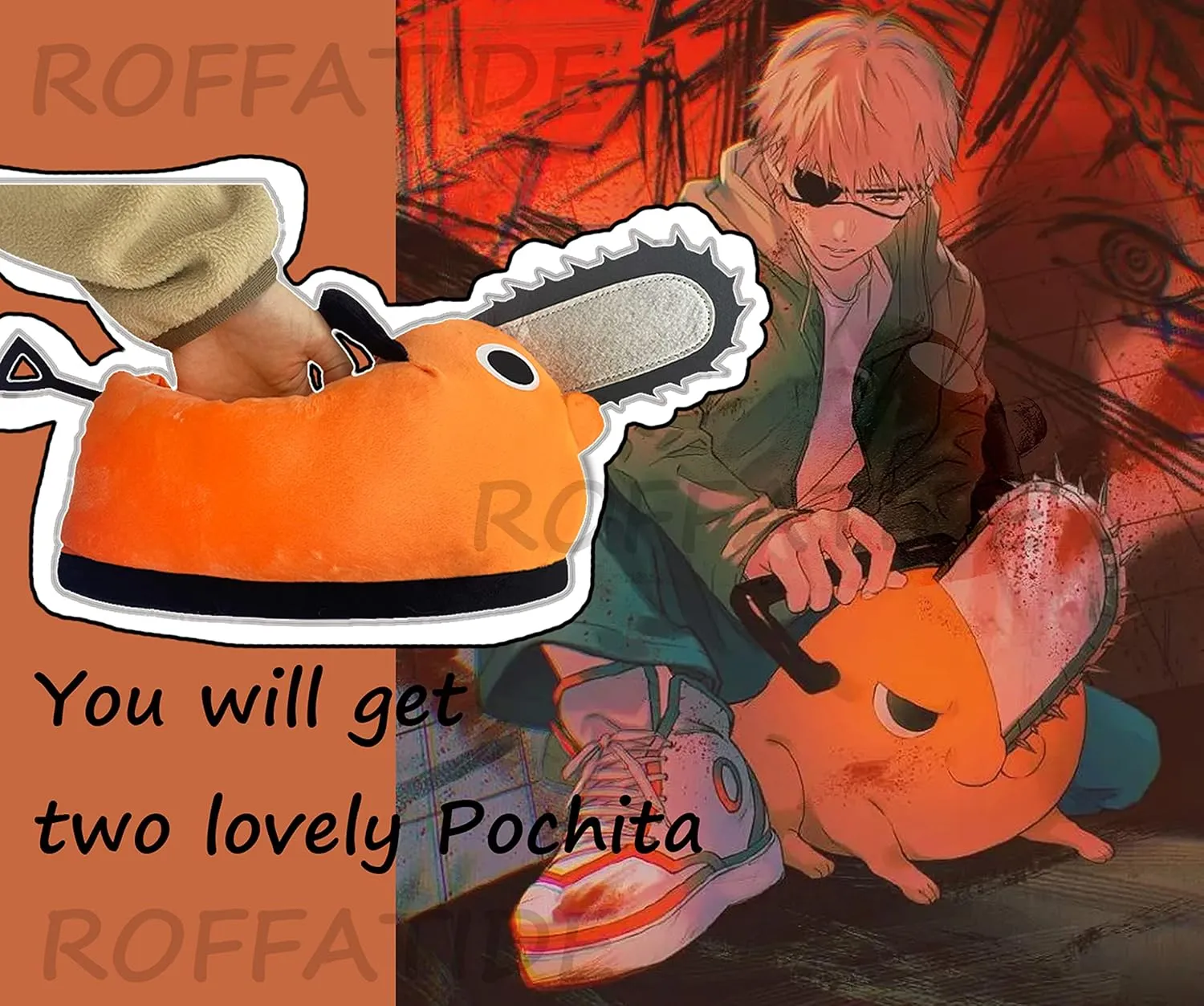 Roffatide Anime Fuzzy Slippers - Pochita House Slippers with Rubber Sole for Women & Men