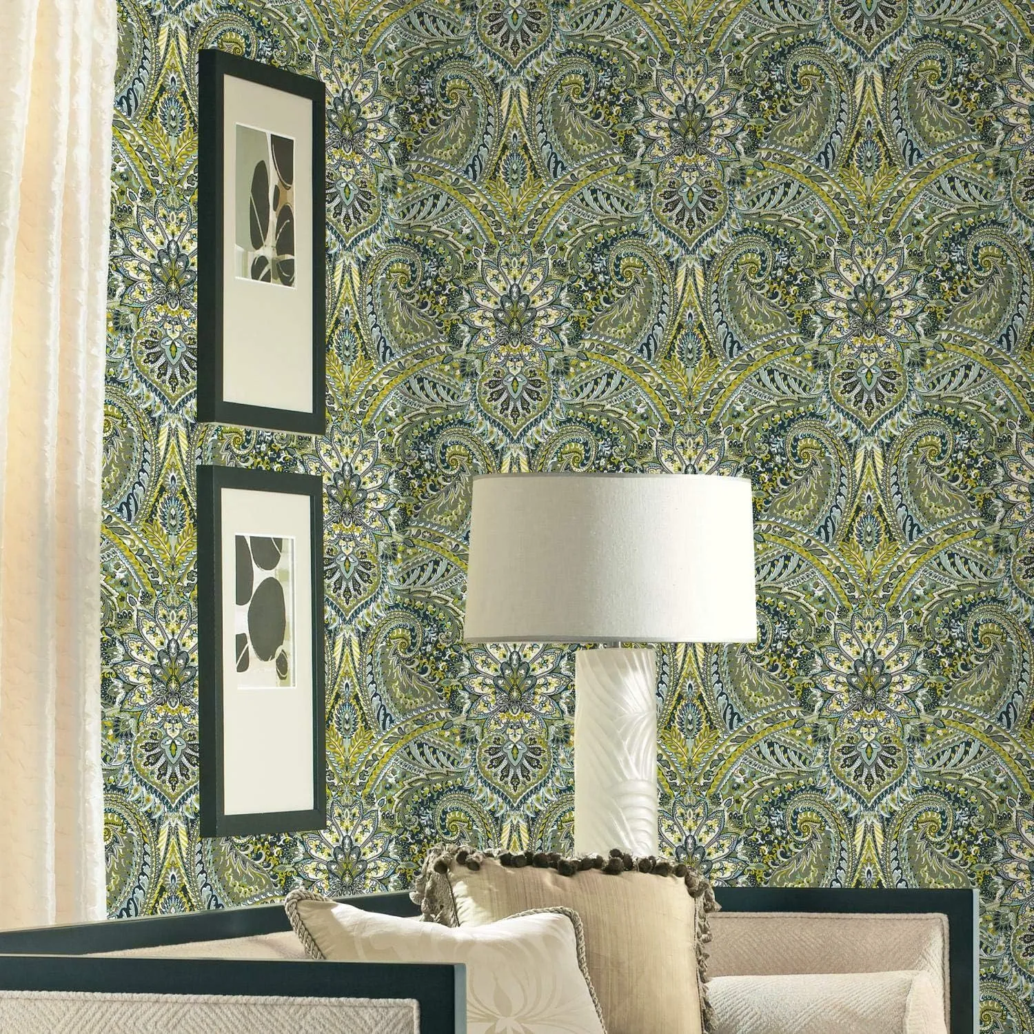 RoomMates Waverly RMK11873WP Swept Away Peel and Stick Wallpaper (20.5 in x 16.5 ft) – Easy Application, No Sticky Residue – Green and Gray