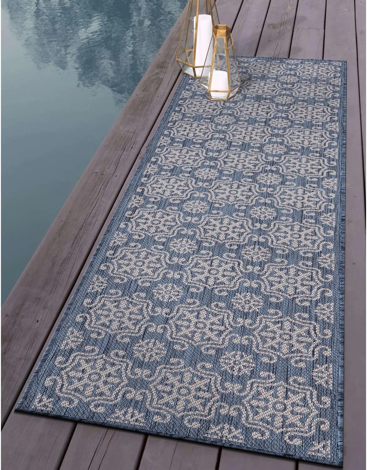 Rugshop Budelli Transitional Geometric Textured Flat Weave Easy Cleaning Outdoor Rugs for Deck,Patio,Backyard Indoor/Outdoor Runner Rug 2' x 7' Blue