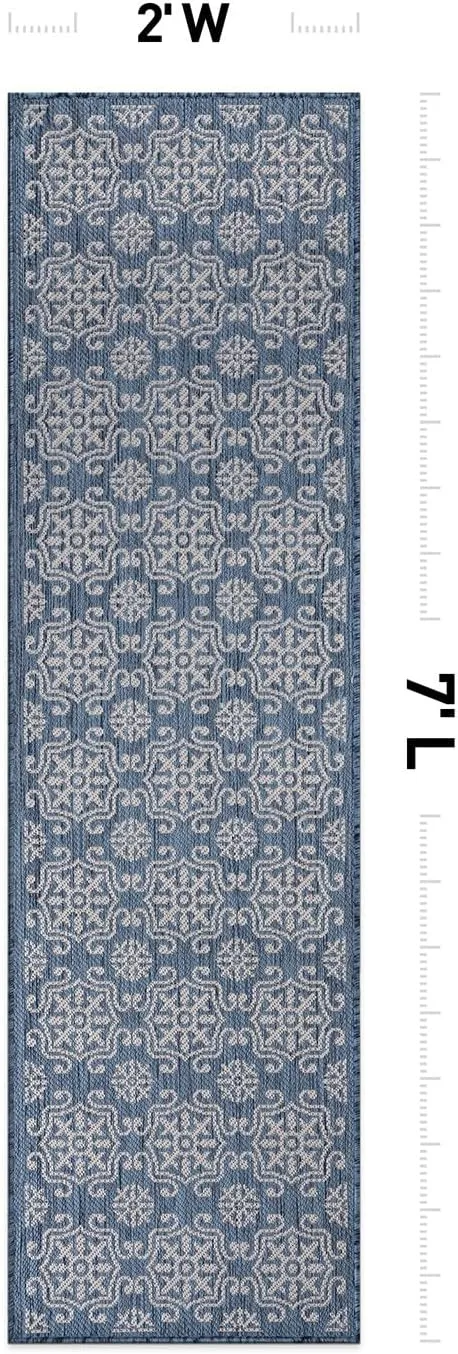 Rugshop Budelli Transitional Geometric Textured Flat Weave Easy Cleaning Outdoor Rugs for Deck,Patio,Backyard Indoor/Outdoor Runner Rug 2' x 7' Blue
