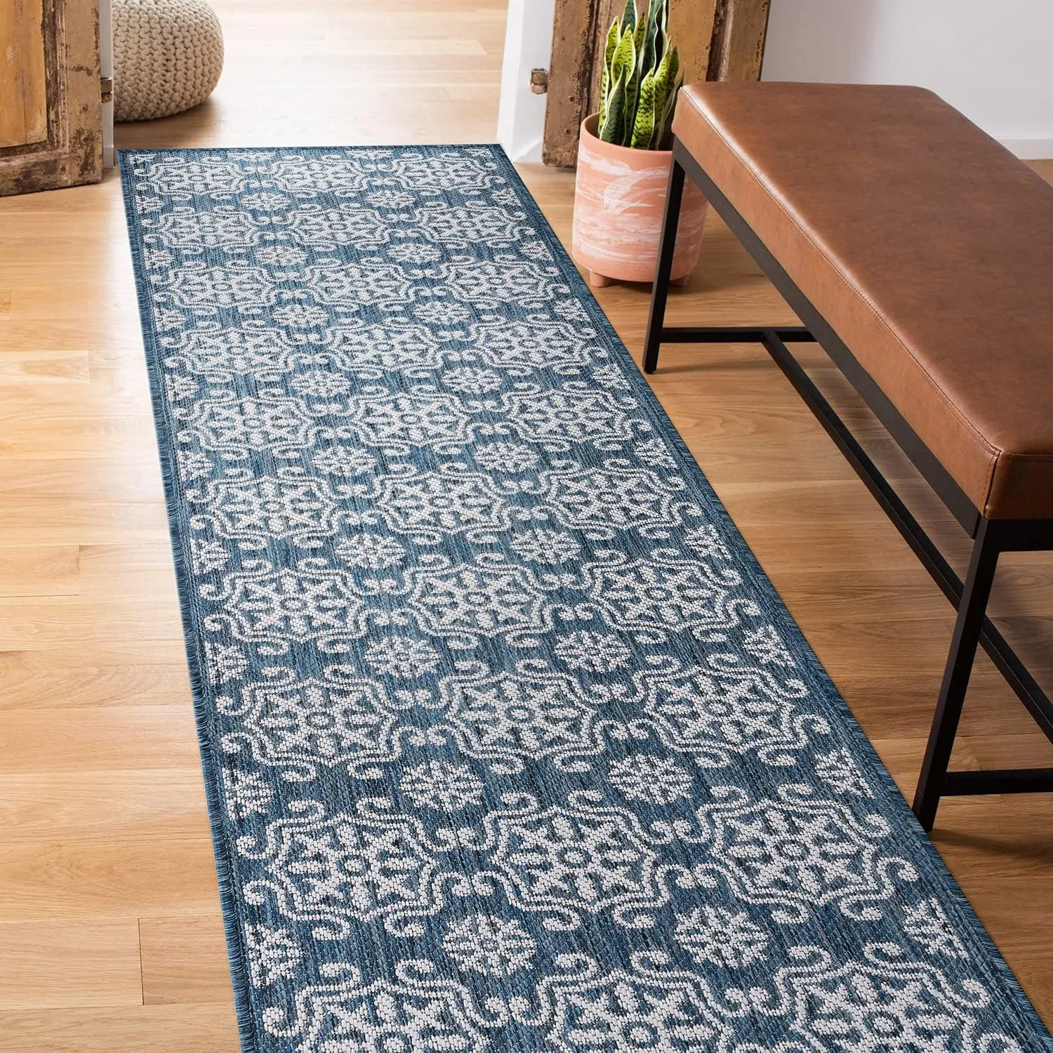 Rugshop Budelli Transitional Geometric Textured Flat Weave Easy Cleaning Outdoor Rugs for Deck,Patio,Backyard Indoor/Outdoor Runner Rug 2' x 7' Navy