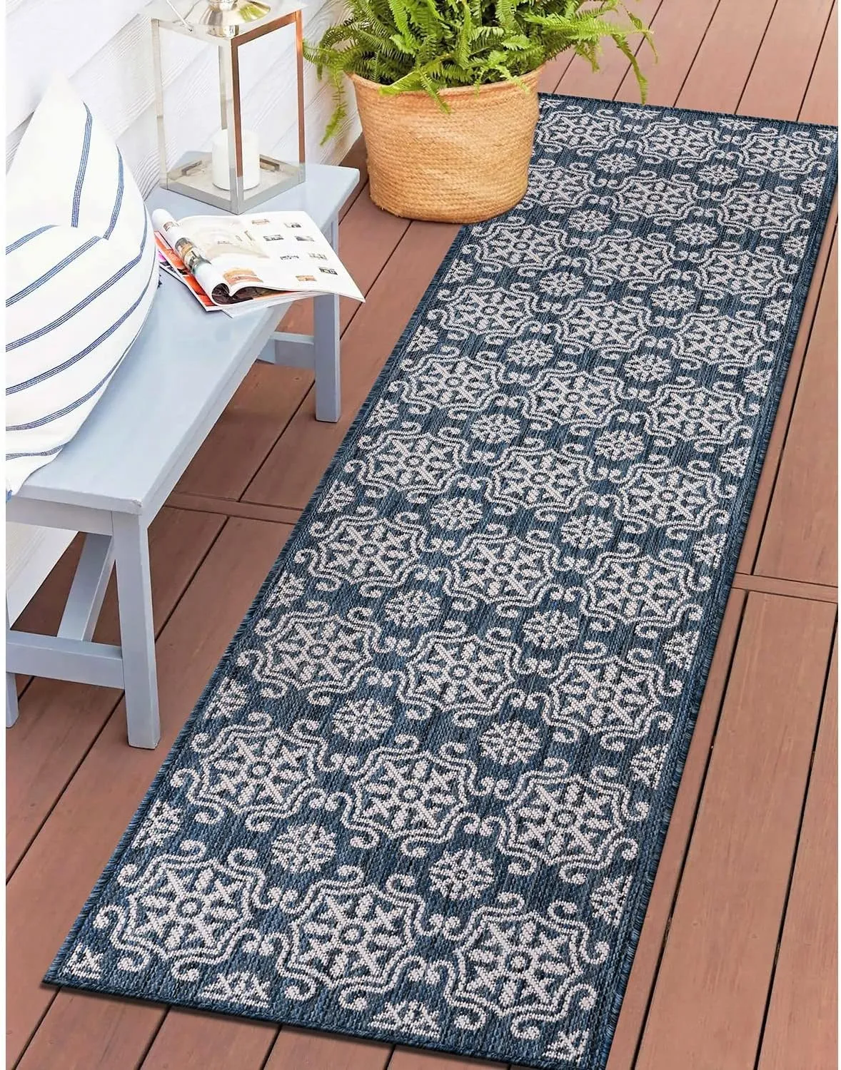 Rugshop Budelli Transitional Geometric Textured Flat Weave Easy Cleaning Outdoor Rugs for Deck,Patio,Backyard Indoor/Outdoor Runner Rug 2' x 7' Navy