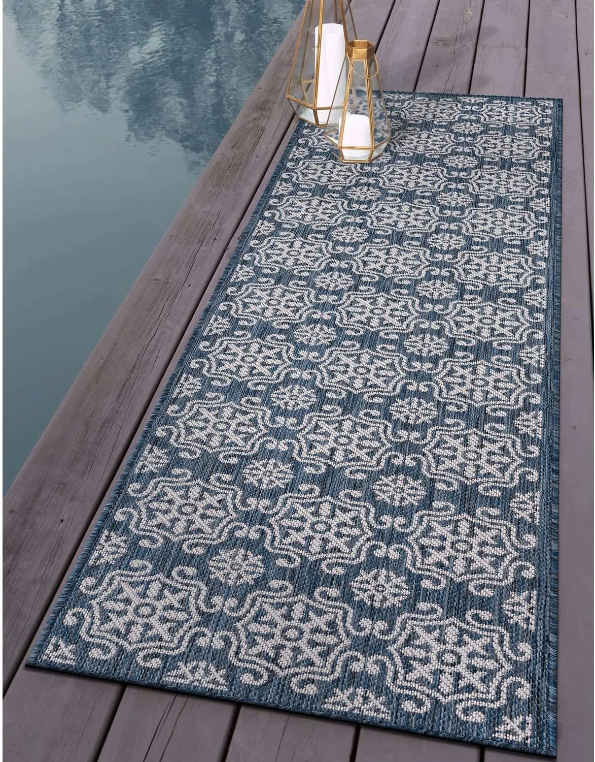 Rugshop Budelli Transitional Geometric Textured Flat Weave Easy Cleaning Outdoor Rugs for Deck,Patio,Backyard Indoor/Outdoor Runner Rug 2' x 7' Navy
