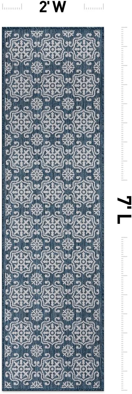 Rugshop Budelli Transitional Geometric Textured Flat Weave Easy Cleaning Outdoor Rugs for Deck,Patio,Backyard Indoor/Outdoor Runner Rug 2' x 7' Navy