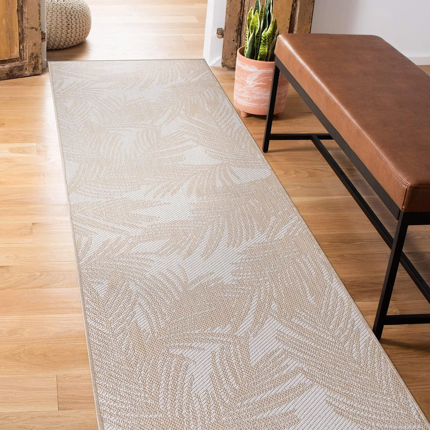 Rugshop Contemporary Distressed Leaves Textured Flat Weave Easy Cleaning Outdoor Rugs for Deck,Patio,Backyard Indoor/Outdoor Runner Rug 2' x 7' Natural
