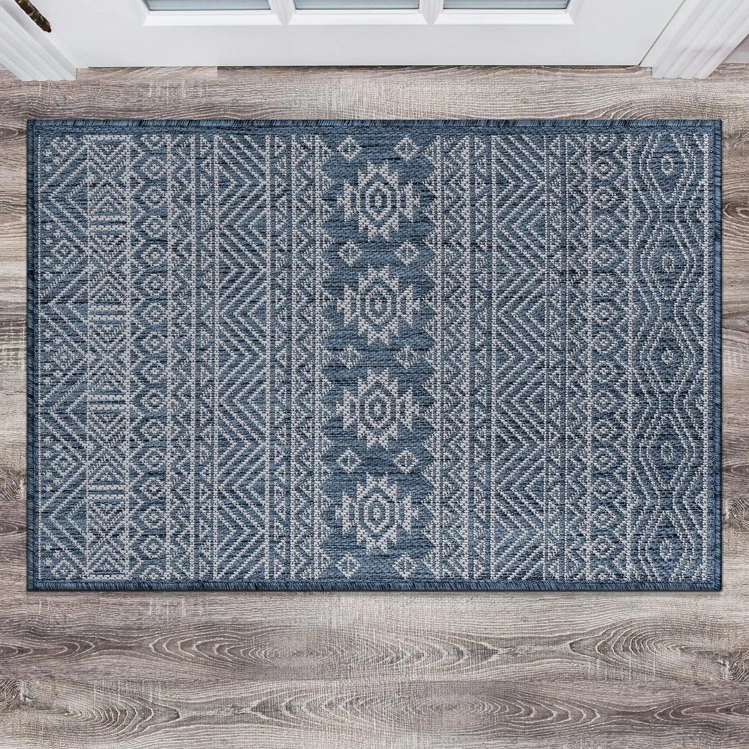 Rugshop Lecce Distressed Geometric Bohemian Textured Flat Weave Easy Cleaning Outdoor Rugs for Deck,Patio,Backyard Indoor/Outdoor Area Rug 2' x 3' Navy