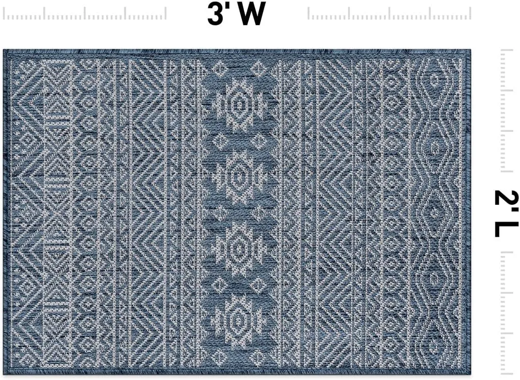 Rugshop Lecce Distressed Geometric Bohemian Textured Flat Weave Easy Cleaning Outdoor Rugs for Deck,Patio,Backyard Indoor/Outdoor Area Rug 2' x 3' Navy