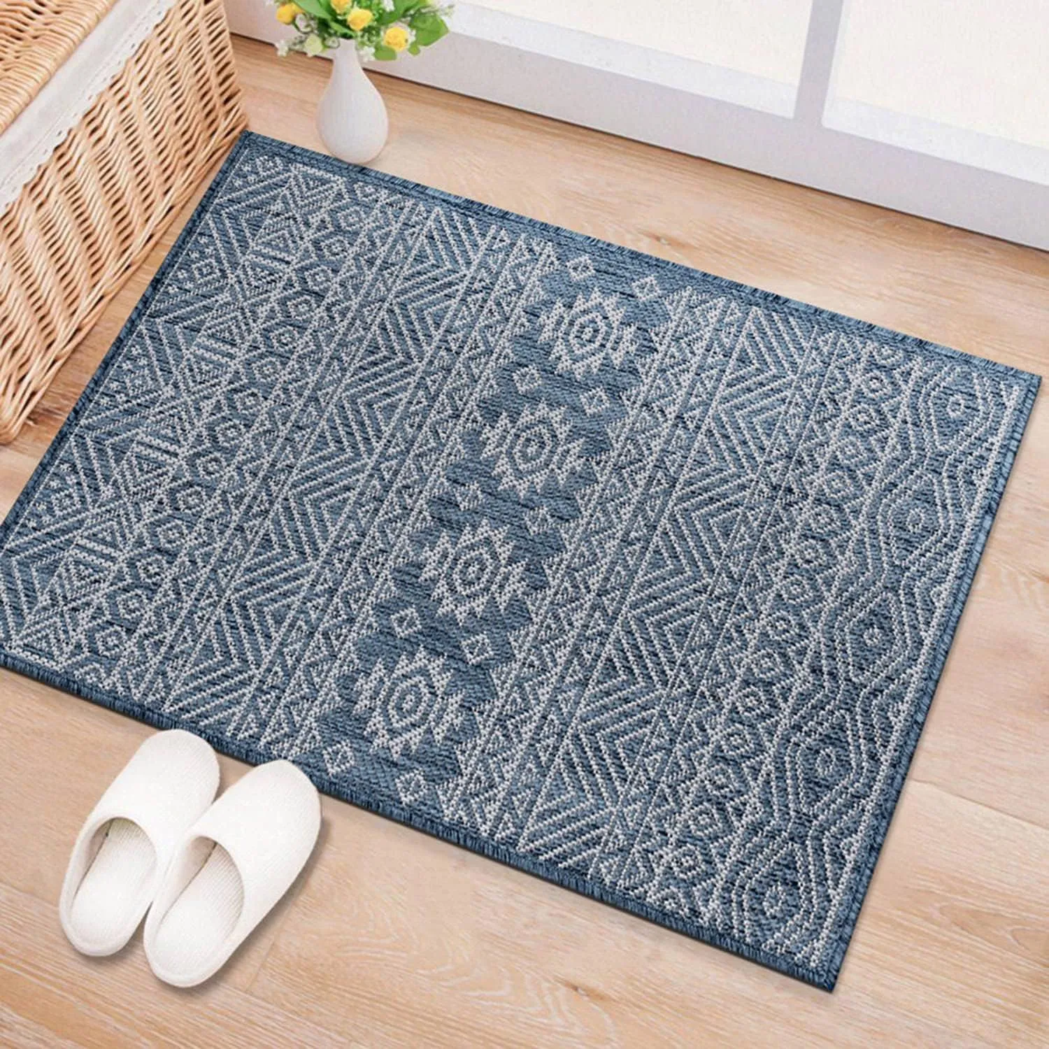 Rugshop Lecce Distressed Geometric Bohemian Textured Flat Weave Easy Cleaning Outdoor Rugs for Deck,Patio,Backyard Indoor/Outdoor Area Rug 2' x 3' Navy