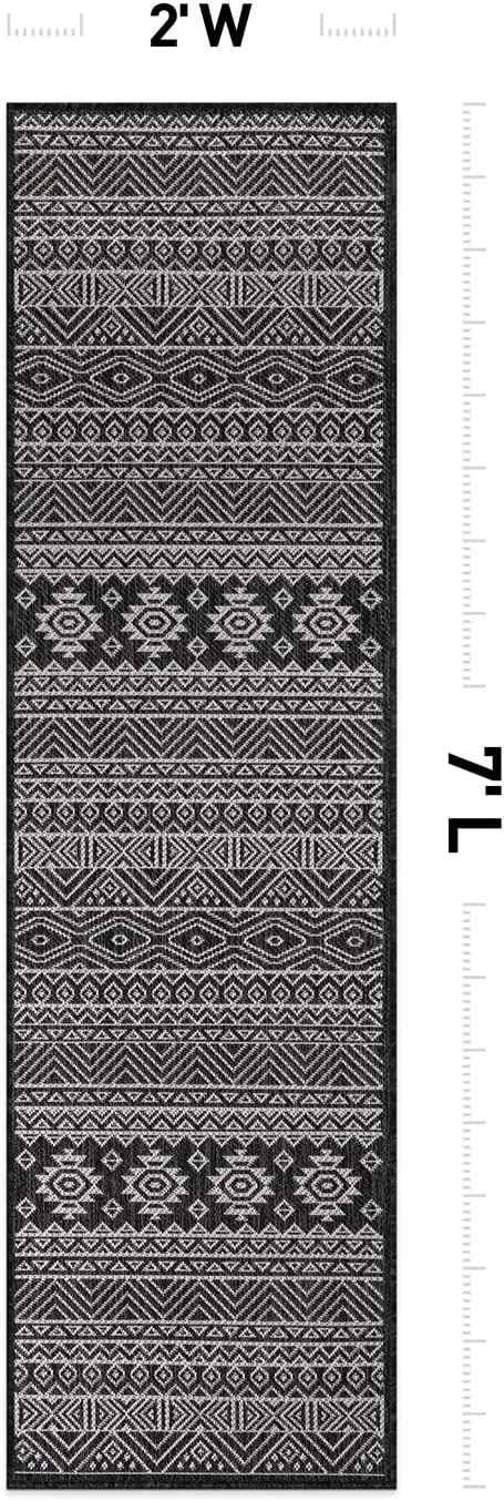 Rugshop Lecce Distressed Geometric Bohemian Textured Flat Weave Easy Cleaning Outdoor Rugs for Deck,Patio,Backyard Indoor/Outdoor Indoor/Outdoor Runner Rug 2' x 7' Black