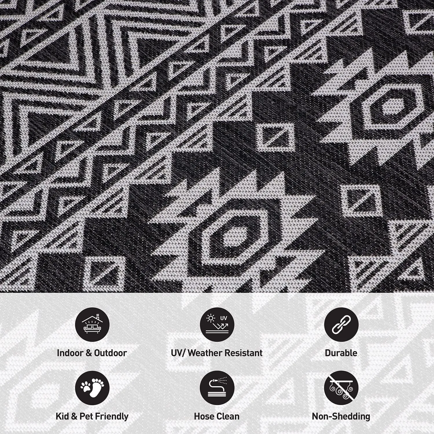 Rugshop Lecce Distressed Geometric Bohemian Textured Flat Weave Easy Cleaning Outdoor Rugs for Deck,Patio,Backyard Indoor/Outdoor Indoor/Outdoor Runner Rug 2' x 7' Black