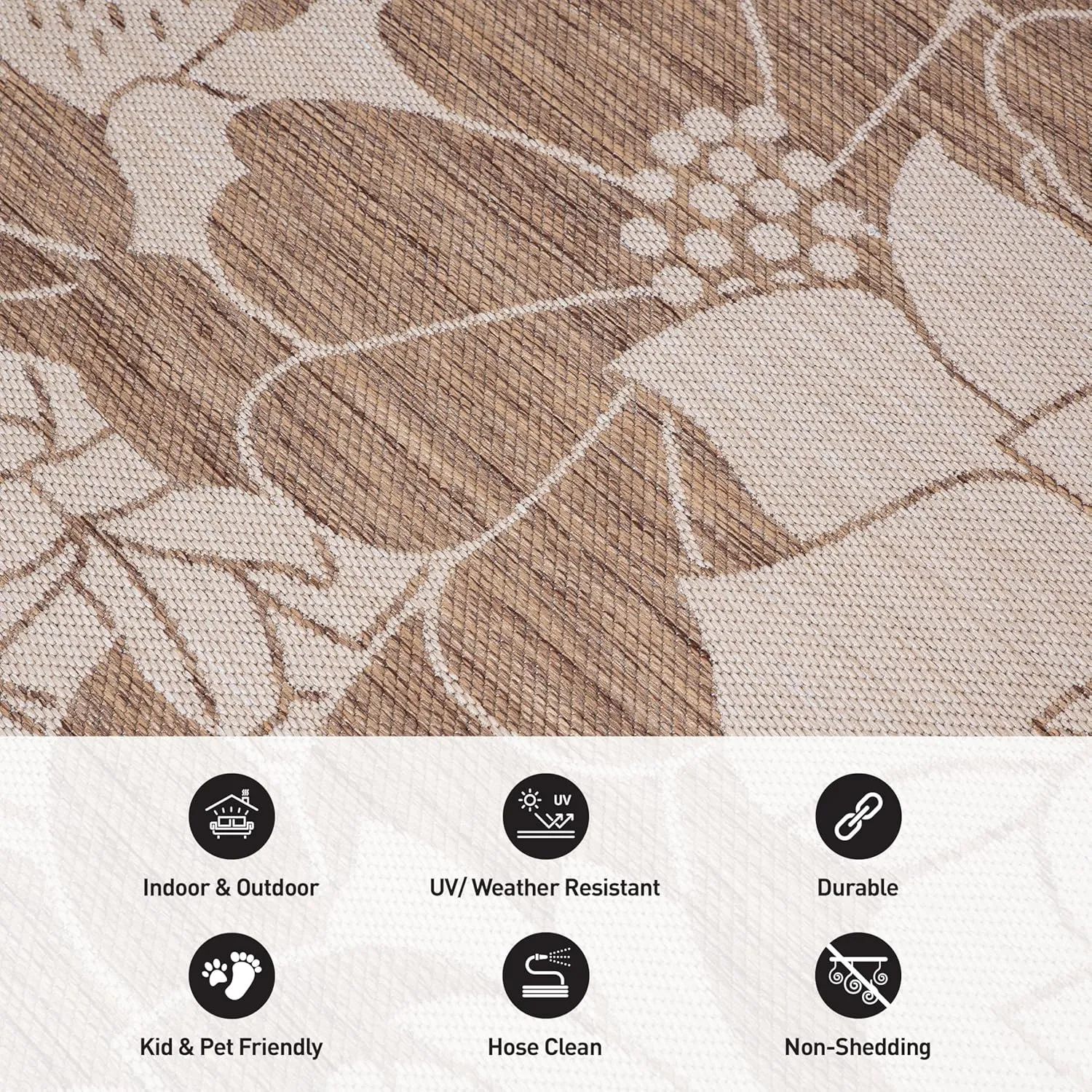 Rugshop Modern Floral Flowers Textured Flat Weave Easy Cleaning Outdoor Rugs for Deck,Patio,Backyard Indoor/Outdoor Area Rug 5' x 7' Brown