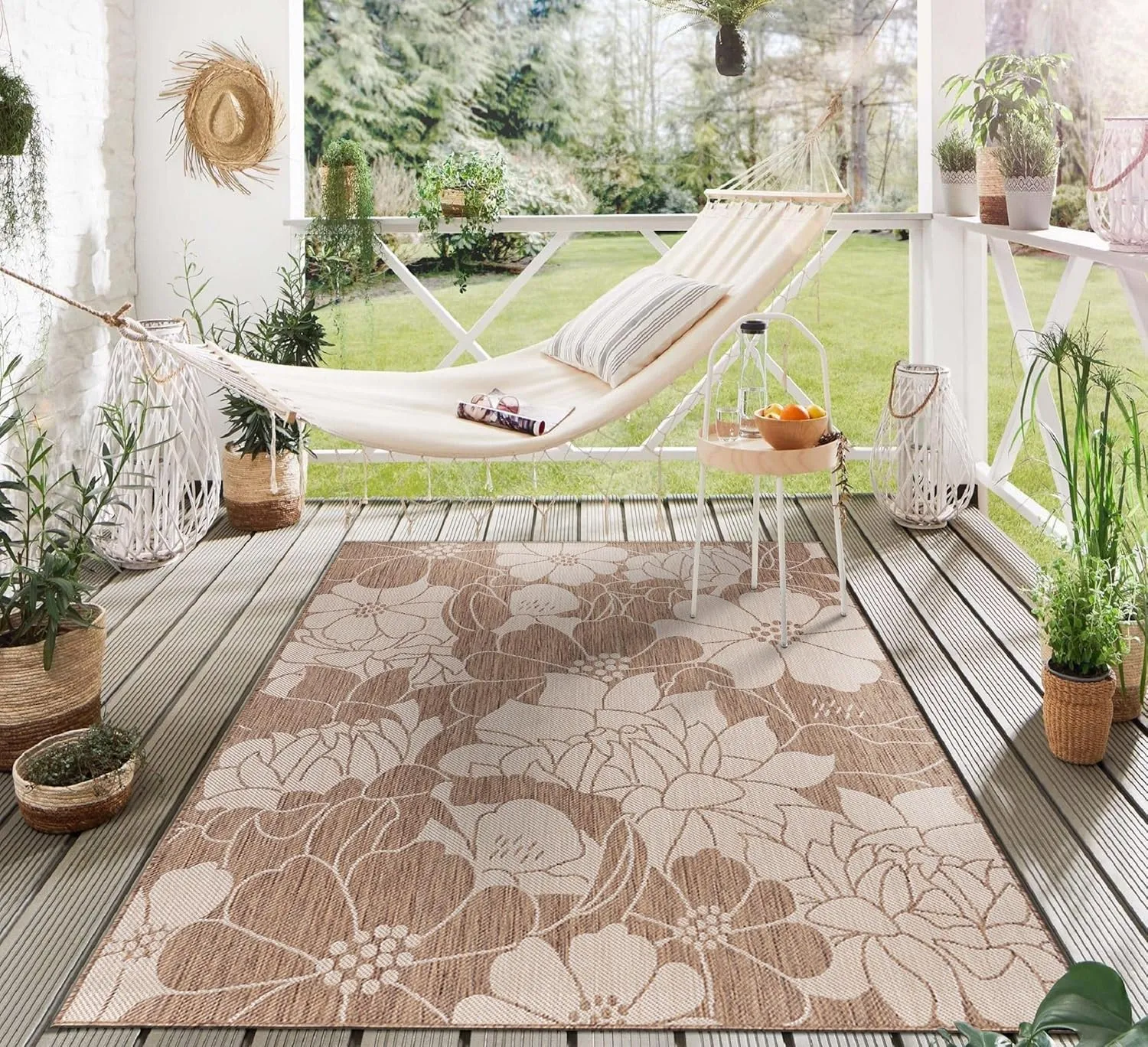 Rugshop Modern Floral Flowers Textured Flat Weave Easy Cleaning Outdoor Rugs for Deck,Patio,Backyard Indoor/Outdoor Area Rug 5' x 7' Brown