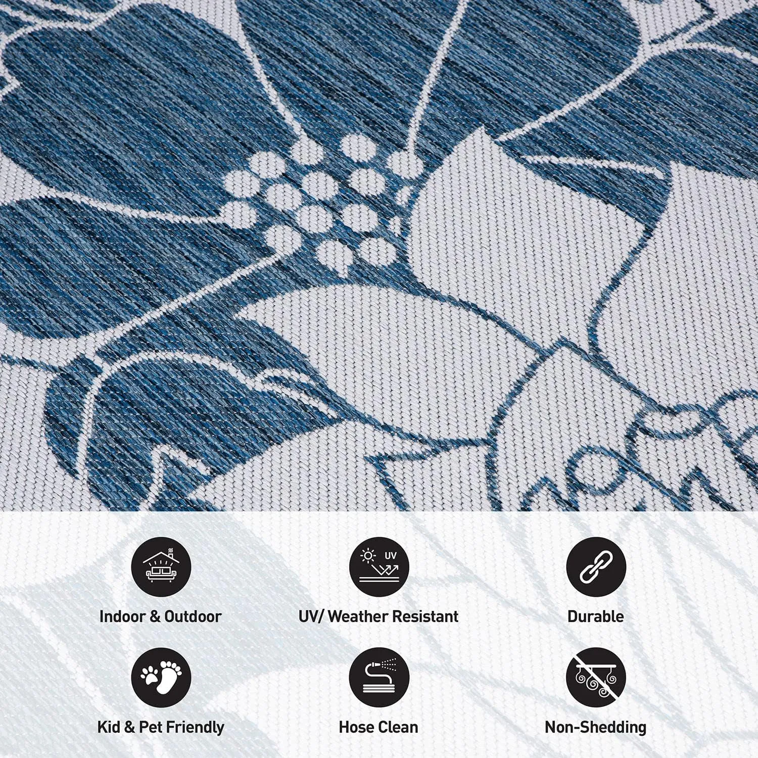 Rugshop Modern Floral Flowers Textured Flat Weave Easy Cleaning Outdoor Rugs for Deck,Patio,Backyard Indoor/Outdoor Runner Rug 2' x 7' Navy