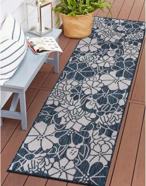Rugshop Modern Floral Flowers Textured Flat Weave Easy Cleaning Outdoor Rugs for Deck,Patio,Backyard Indoor/Outdoor Runner Rug 2' x 7' Navy