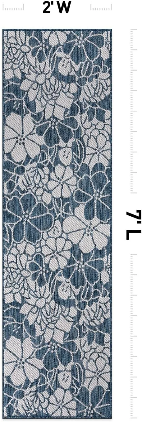 Rugshop Modern Floral Flowers Textured Flat Weave Easy Cleaning Outdoor Rugs for Deck,Patio,Backyard Indoor/Outdoor Runner Rug 2' x 7' Navy