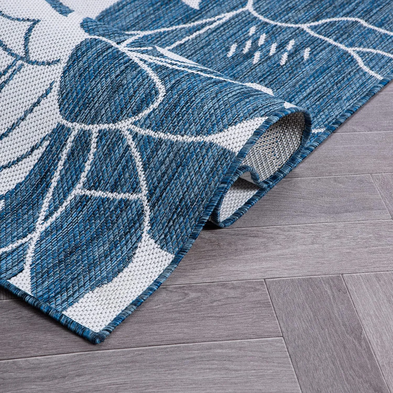Rugshop Modern Floral Flowers Textured Flat Weave Easy Cleaning Outdoor Rugs for Deck,Patio,Backyard Indoor/Outdoor Runner Rug 2' x 7' Navy