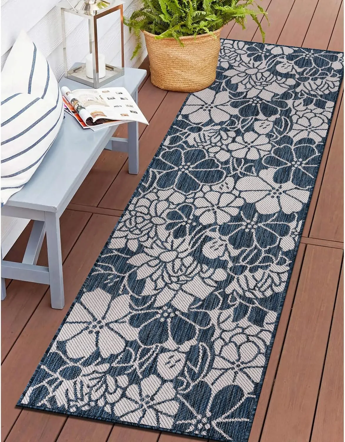 Rugshop Modern Floral Flowers Textured Flat Weave Easy Cleaning Outdoor Rugs for Deck,Patio,Backyard Indoor/Outdoor Runner Rug 2' x 7' Navy