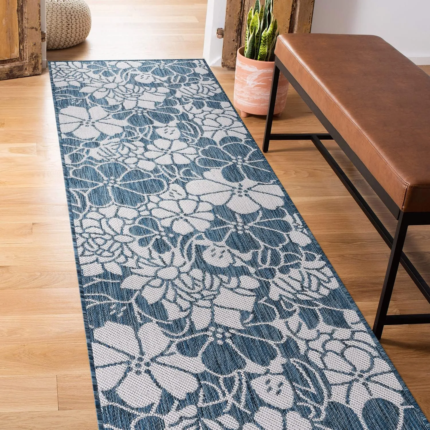 Rugshop Modern Floral Flowers Textured Flat Weave Easy Cleaning Outdoor Rugs for Deck,Patio,Backyard Indoor/Outdoor Runner Rug 2' x 7' Navy