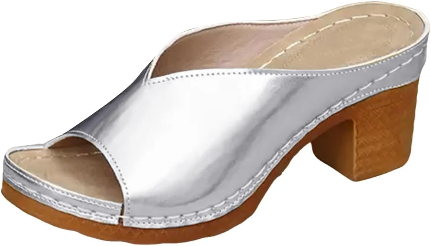 Sandals Women Chunky Heels Low Block Heeled Sandals Comfortable Dressy Orthopedic Shoes with Arch Support Casual Summer Non-Slip Open Toe Shoes Fashion Slip-On Shoe