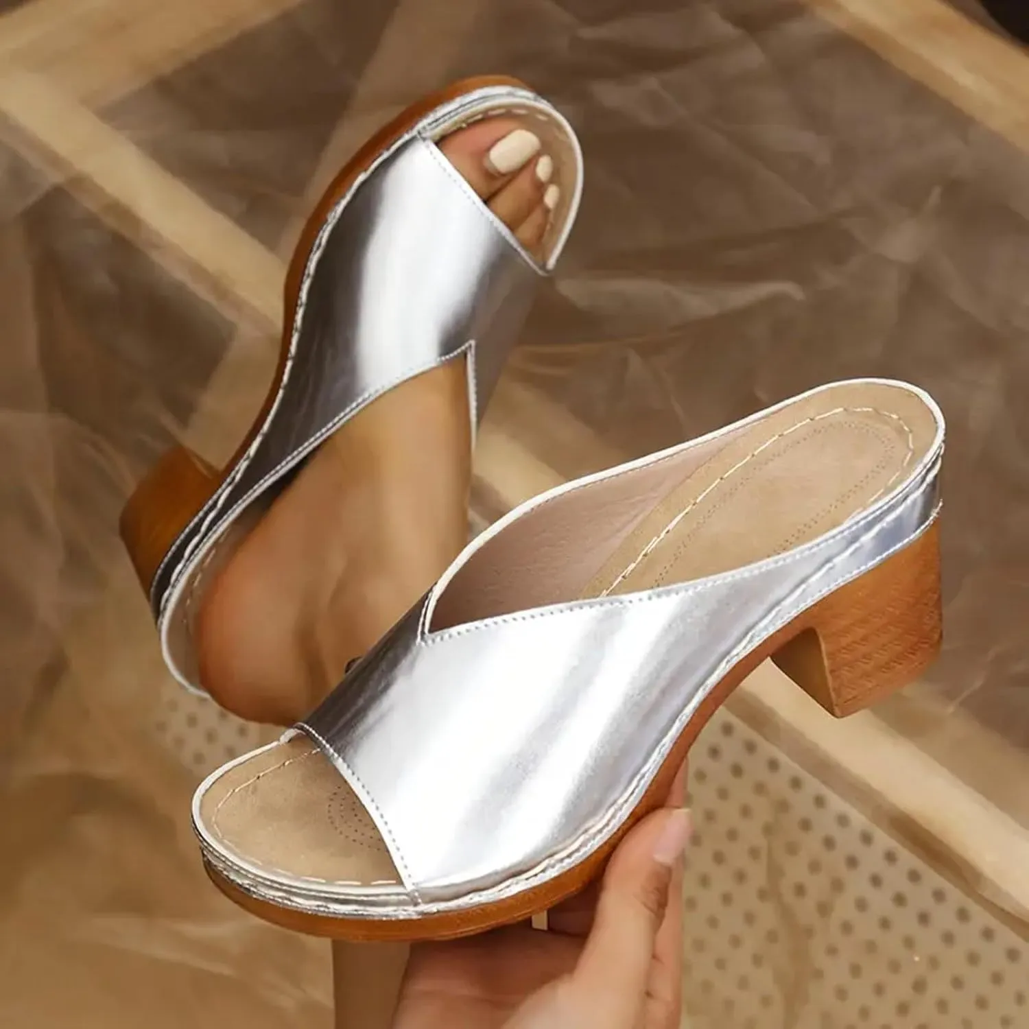 Sandals Women Chunky Heels Low Block Heeled Sandals Comfortable Dressy Orthopedic Shoes with Arch Support Casual Summer Non-Slip Open Toe Shoes Fashion Slip-On Shoe