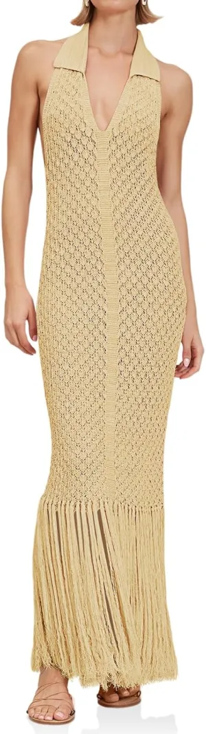 Saodimallsu Womens Halter Crochet Cover Up Fringe Sexy Backless Sleeveless V Neck Collared Vacation Beach Maxi Dress