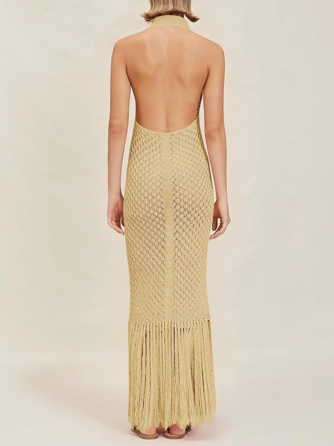 Saodimallsu Womens Halter Crochet Cover Up Fringe Sexy Backless Sleeveless V Neck Collared Vacation Beach Maxi Dress