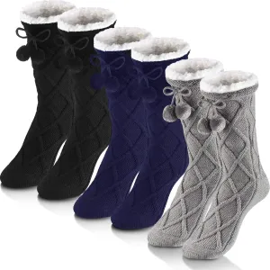SATINIOR 3 Pairs Slipper Socks Fleece Lined Women Winter Fuzzy Tall Socking with Pompom