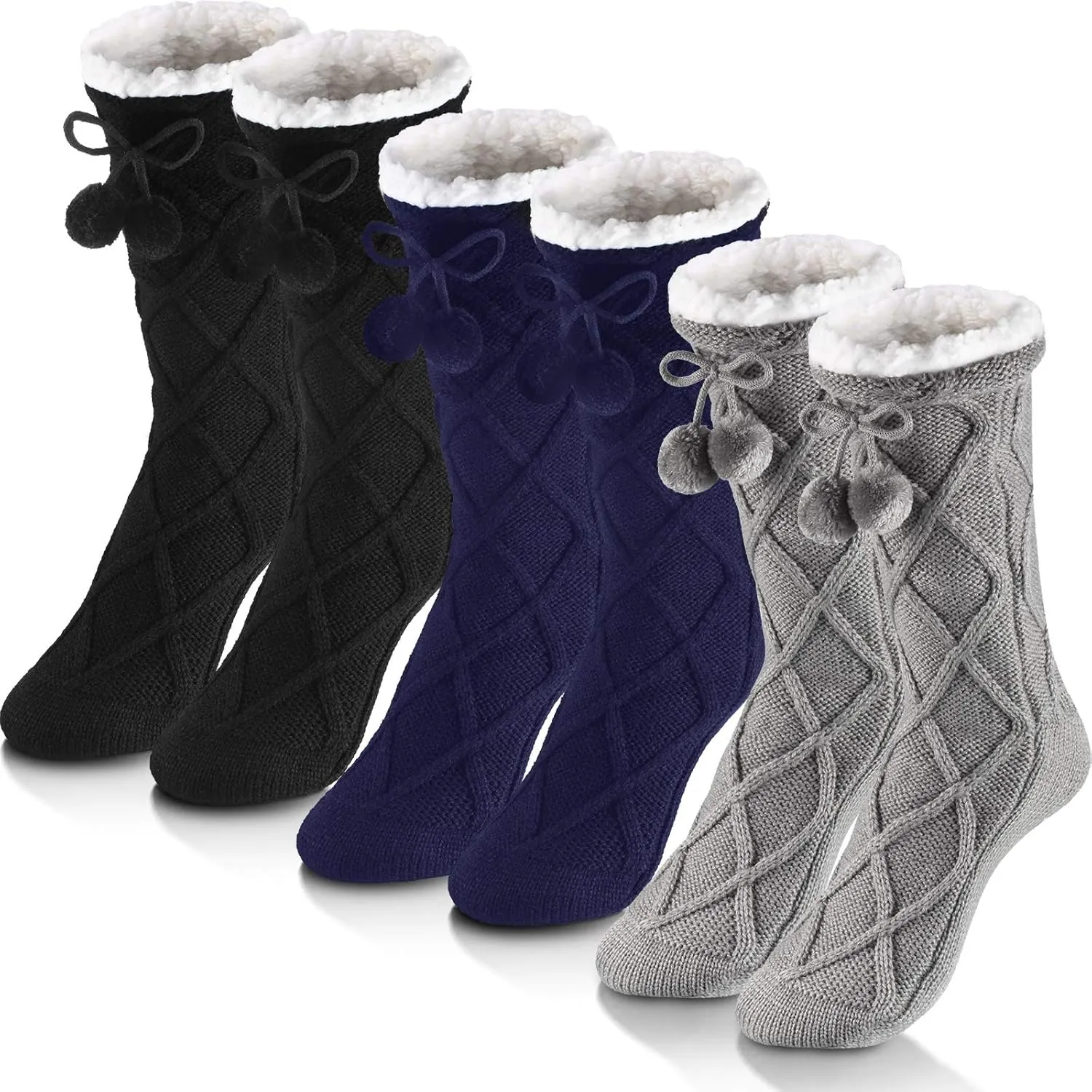 SATINIOR 3 Pairs Slipper Socks Fleece Lined Women Winter Fuzzy Tall Socking with Pompom
