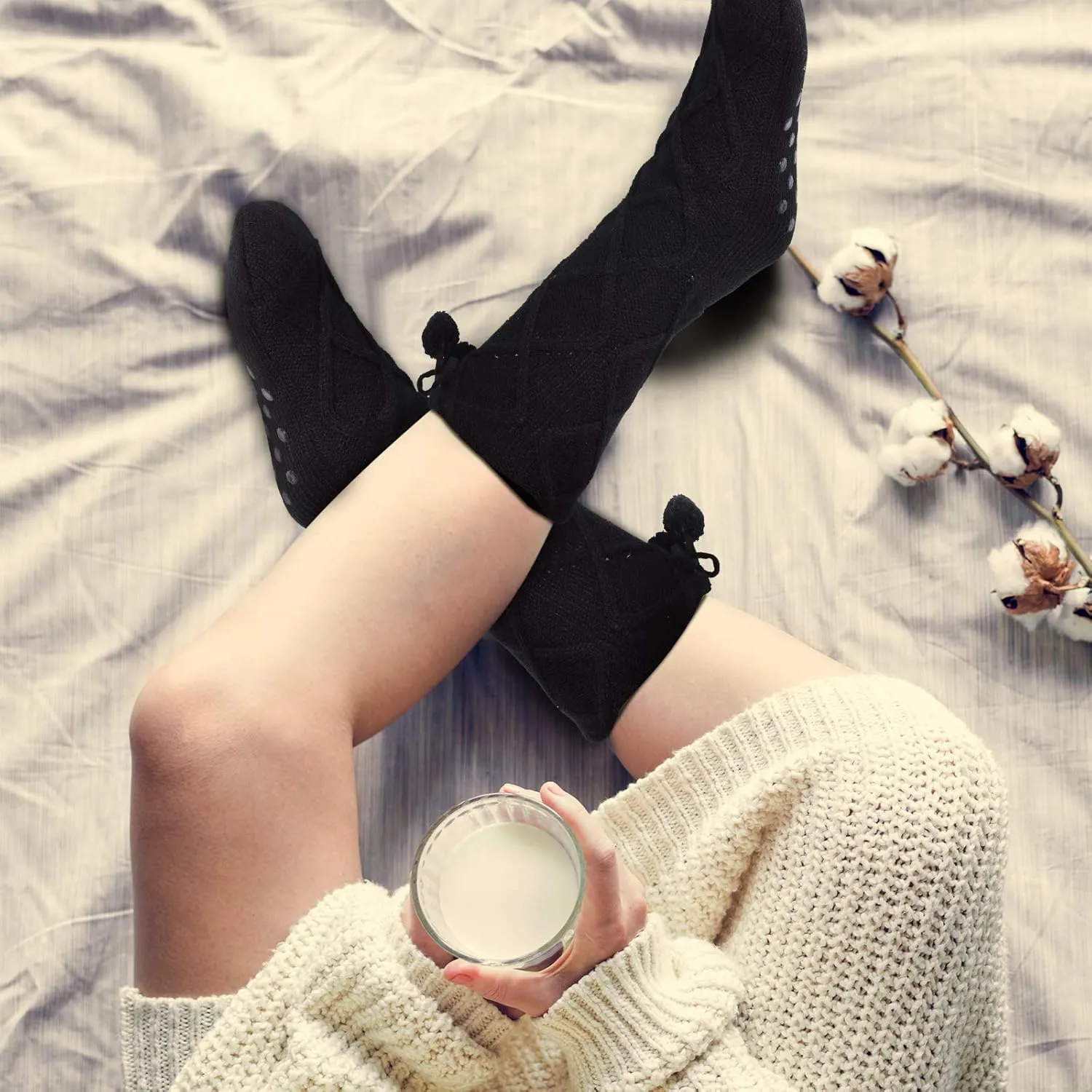 SATINIOR 3 Pairs Slipper Socks Fleece Lined Women Winter Fuzzy Tall Socking with Pompom
