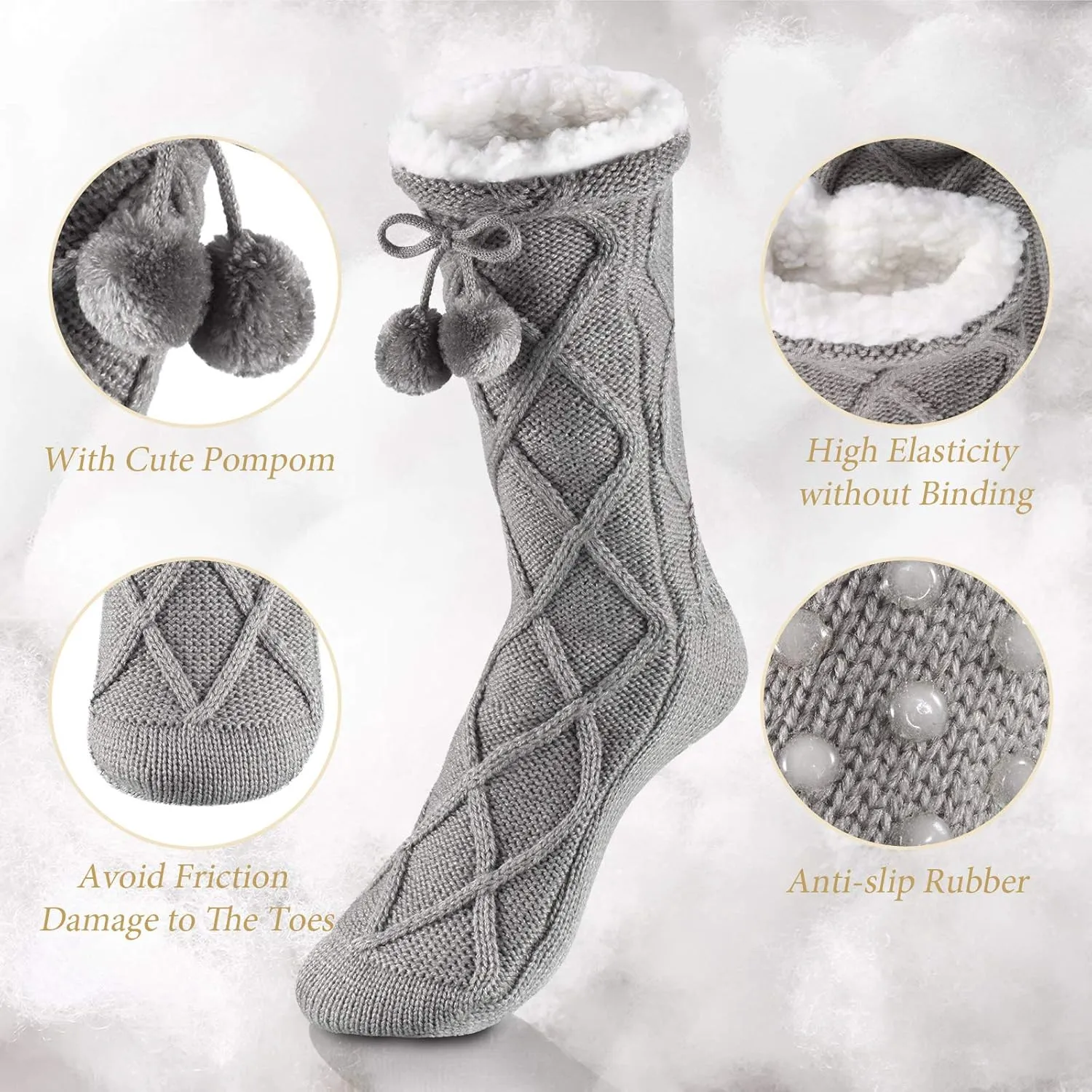 SATINIOR 3 Pairs Slipper Socks Fleece Lined Women Winter Fuzzy Tall Socking with Pompom