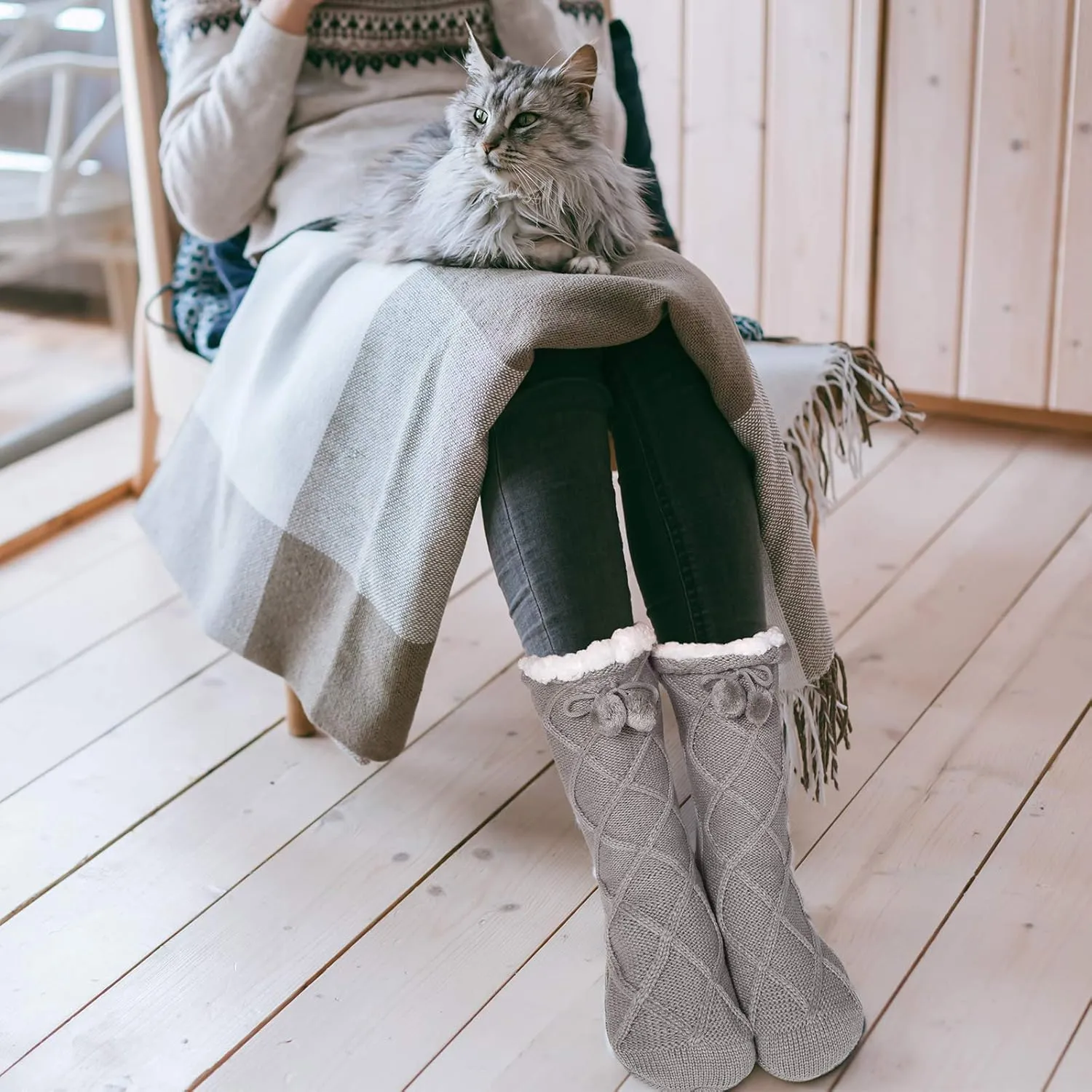 SATINIOR 3 Pairs Slipper Socks Fleece Lined Women Winter Fuzzy Tall Socking with Pompom