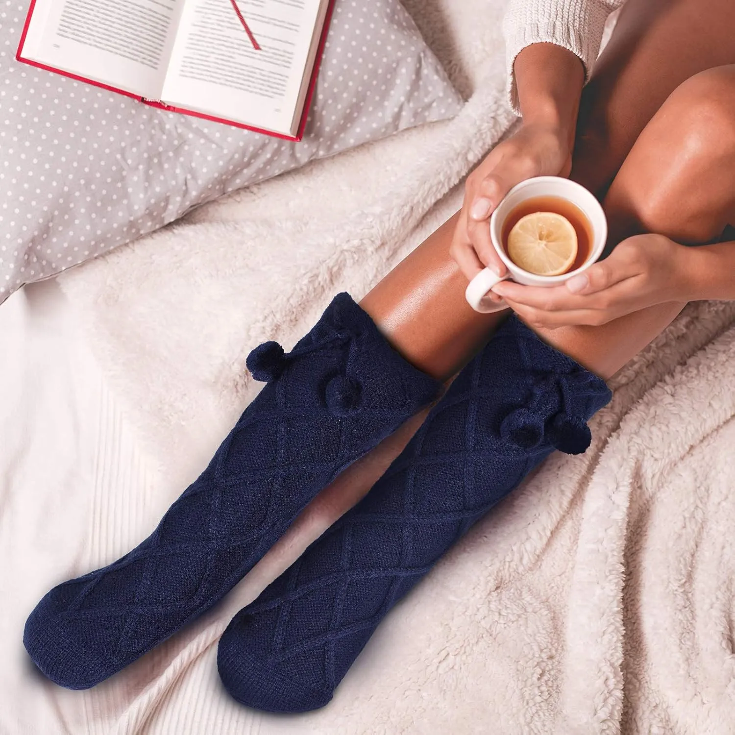 SATINIOR 3 Pairs Slipper Socks Fleece Lined Women Winter Fuzzy Tall Socking with Pompom