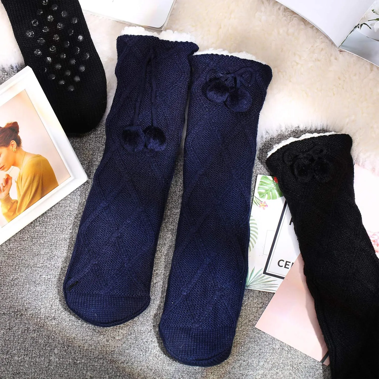 SATINIOR 3 Pairs Slipper Socks Fleece Lined Women Winter Fuzzy Tall Socking with Pompom