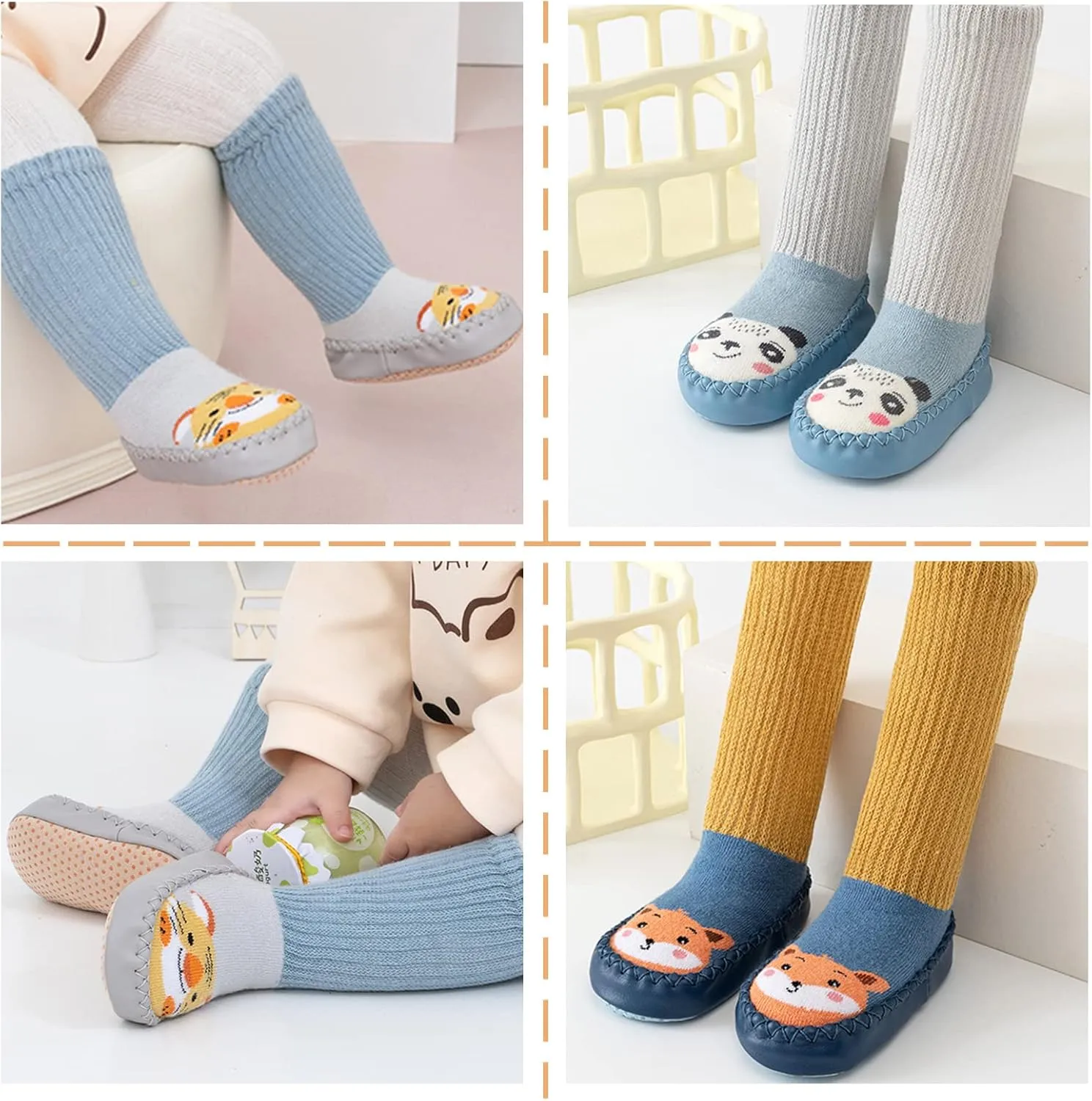 SEAUR 3 Pairs Toddler Slipper Socks Anti Skid Baby Sock Shoes for Walking Infant Moccasins Animal Crib Shoes Sock With Grips