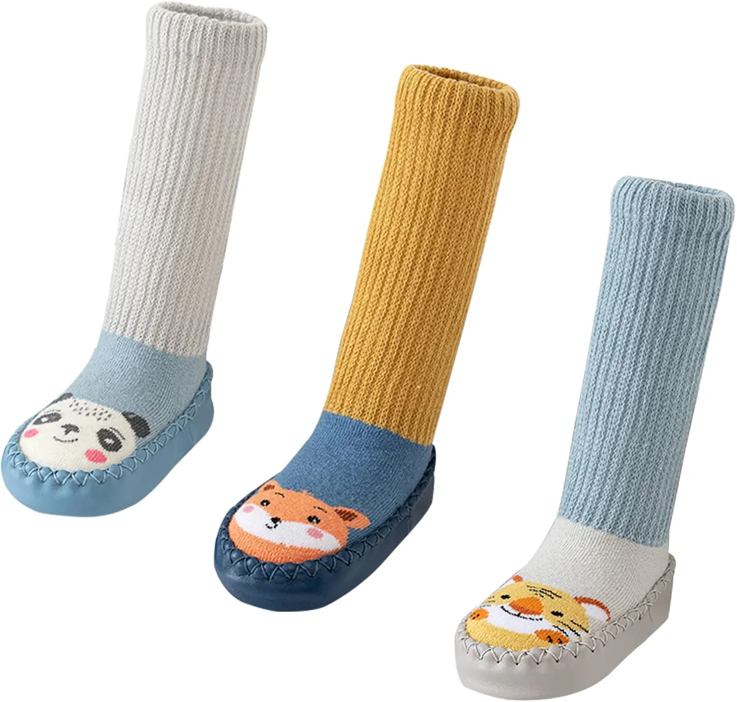 SEAUR 3 Pairs Toddler Slipper Socks Anti Skid Baby Sock Shoes for Walking Infant Moccasins Animal Crib Shoes Sock With Grips