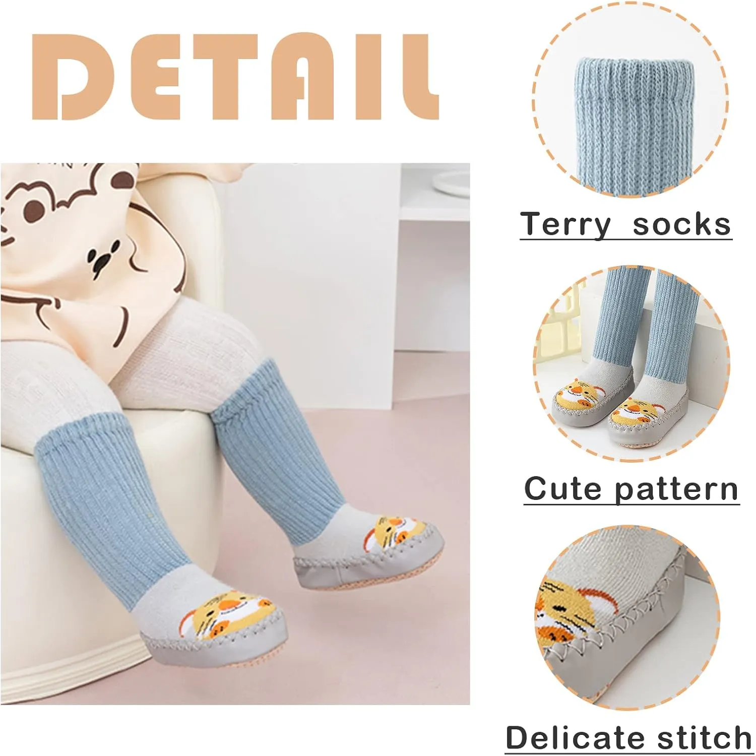 SEAUR 3 Pairs Toddler Slipper Socks Anti Skid Baby Sock Shoes for Walking Infant Moccasins Animal Crib Shoes Sock With Grips