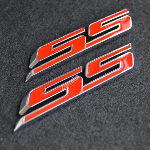 (Set of 2) Slant SS Grill Side Fender Trunk Emblem Badge Decal with Sticker for Chevrolet Chevy Camaro Impala Malibu Holden 2010 to 2025 [red Letter with Chrome Trim]